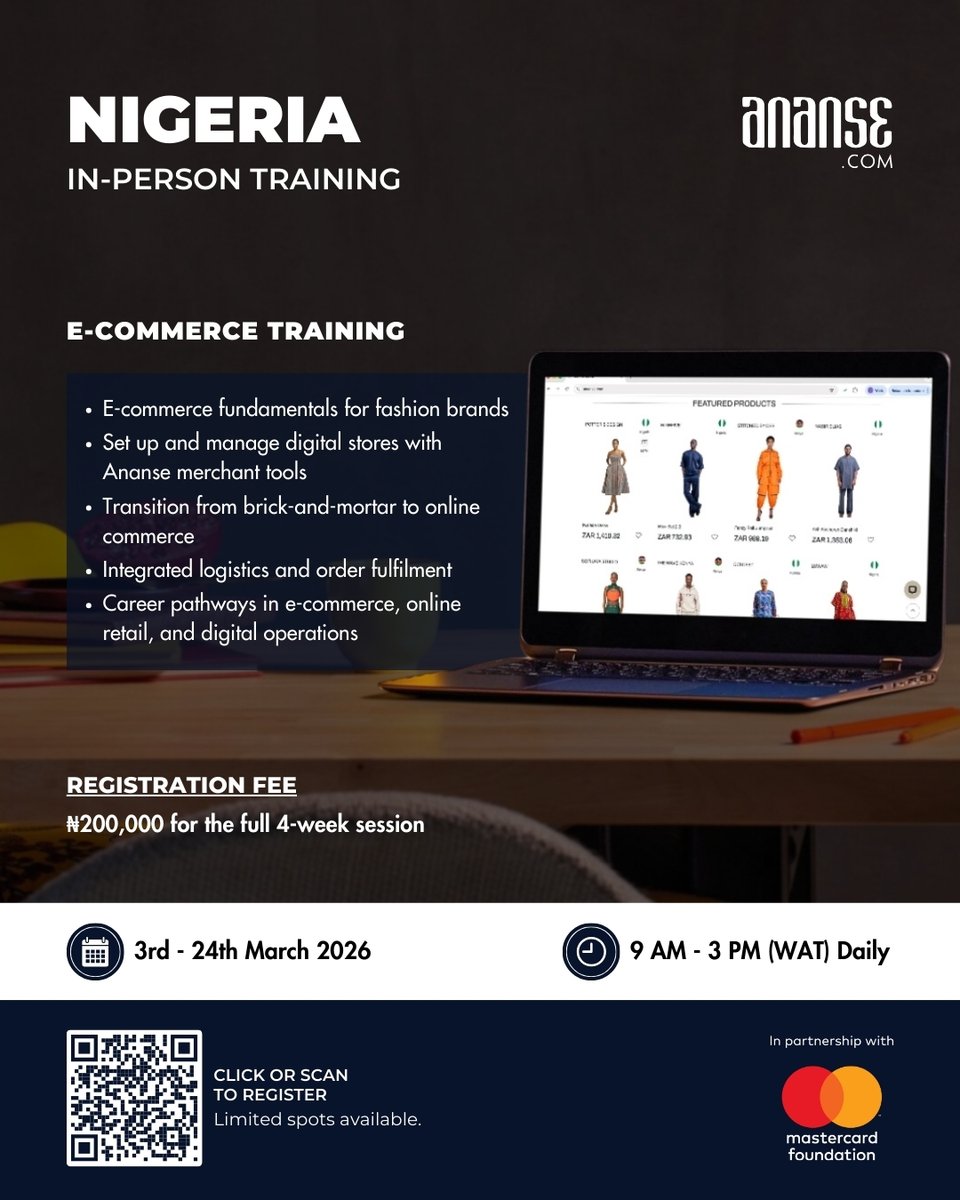 🚨 It’s time to take your fashion brand online.
Click on the link below to register on ananse.com 🖊️🗓️

alpha.ananse.com/enrollment/eco…