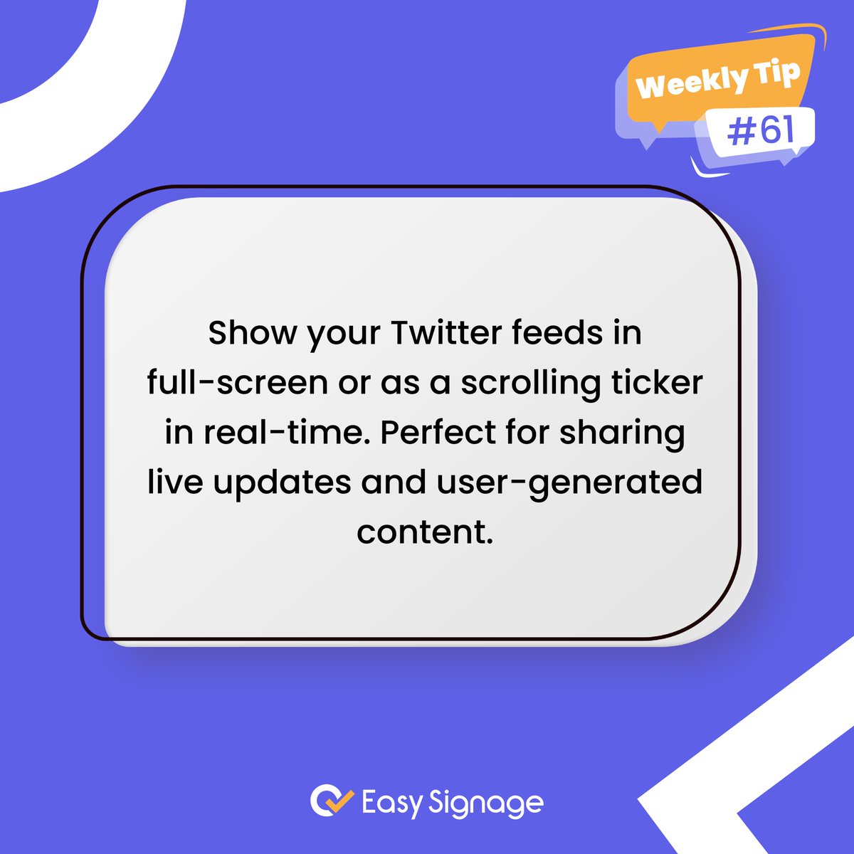 ezysignage's tweet photo. Weekly Tip #61: Boost Engagement with Live Tweets 💬
Turn your screens into real-time conversation hubs. Show live Twitter feeds in full screen or as a scrolling ticker to share updates & highlight user-generated content.📣
#WeeklyTip #DigitalSignage #LiveTweets #RealTimeContent https://t.co/fQaLV0VSFF