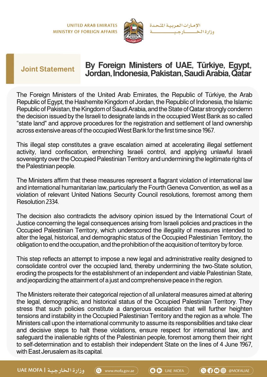 Joint statement by Foreign Ministers of UAE, Türkiye, Egypt, Jordan, Indonesia, Pakistan, Saudi Arabia, Qatar

mofa.gov.ae/en/mediahub/ne…