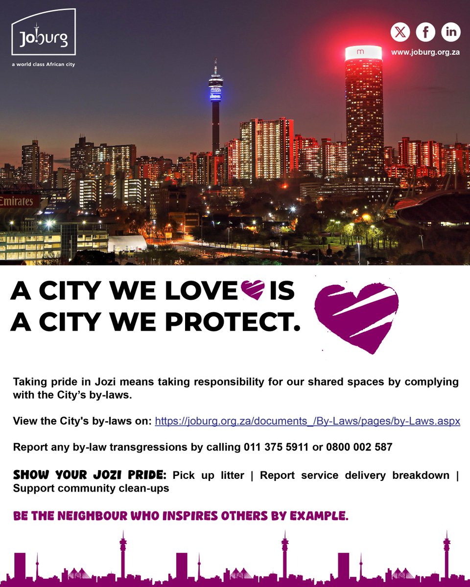 CityofJoburgZA's tweet photo. ๐ A city we love is a city we protect.
This #MonthOfLove, show Jozi pride by respecting City by-laws and caring for our shared spaces. Responsible citizens build a stronger city.
#TheJoburgWeAllWant ^MM https://t.co/U8AzgP1Ln4