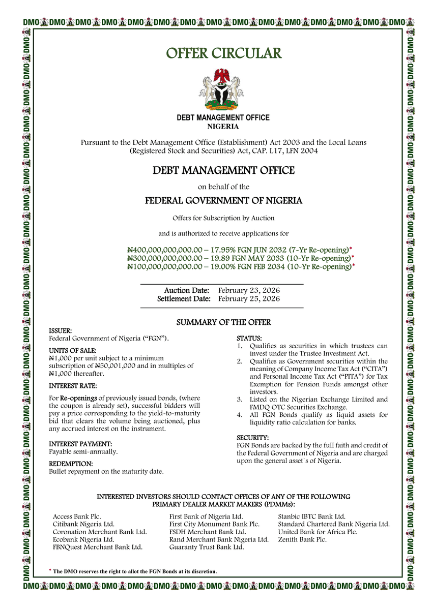 DMONigeria's tweet photo. FGN BOND BY AUCTION (FEBRUARY 2025)

On behalf of the Federal Government of Nigeria  - @NigeriaGov, we are offering for subscription via auction the following FGN Bond offerings detailed in the Offer Circular below.

Auction date: Feb 23, 2025.

#dmonigeria https://t.co/ZX3vzrYyi7