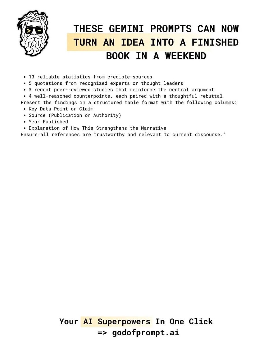 🚨 BREAKING: Gemini can now write and design an entire book in 48 hours.

Here are 5 insane prompts to become a published author this month: (Save for later):