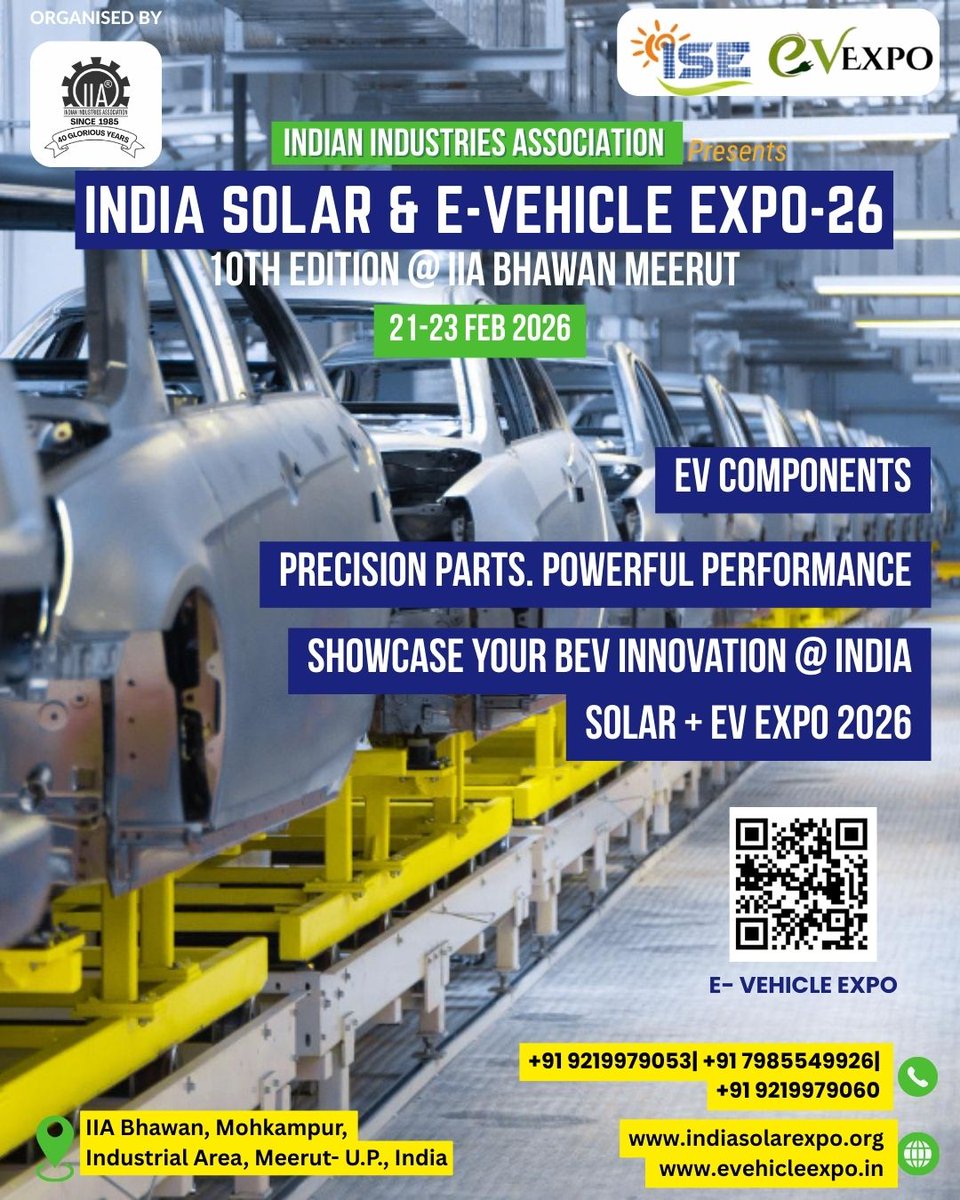 iiaonline's tweet photo. From tiny chips to full drivetrains – EV components are the heart of every BEV innovation.

At India Solar & E‑Vehicle Expo‑26, Meerut, showcase your motors, controllers, ECUs, battery packs, wiring harnesses and drive systems to the brands building India’s next generation of electric vehicles.

Meet OEMs, assemblers, startup founders and serious buyers who are searching for reliable, high‑performance EV parts to power their upcoming models. If your components drive performance, safety and efficiency – this is where they belong.

📅 21–23 Feb 2026 | IIA Bhawan, Mohkampur,
Industrial Area, Meerut- U.P., India
👉 Enquire for exhibitor booths: https://t.co/joRcJakWVQ / https://t.co/e31eD9VUPT

#IndiaSolarEVExpo2026 #EVComponents #BEVInnovation #EVParts #MotorsAndControllers