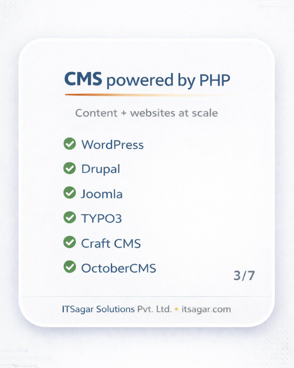 ItsagarSol's tweet photo. “PHP is dead?” 👀
Then why is it still running frameworks, CMS, ecommerce, platforms &amp; CRMs?
Swipe → to see what still runs on PHP (7 slides). ✅

Comment: Laravel or WordPress — which would you pick?

Want the practical PHP learning roadmap 
 WhatsApp “PHP” on +91 72066 30663 https://t.co/xqT31ybksv