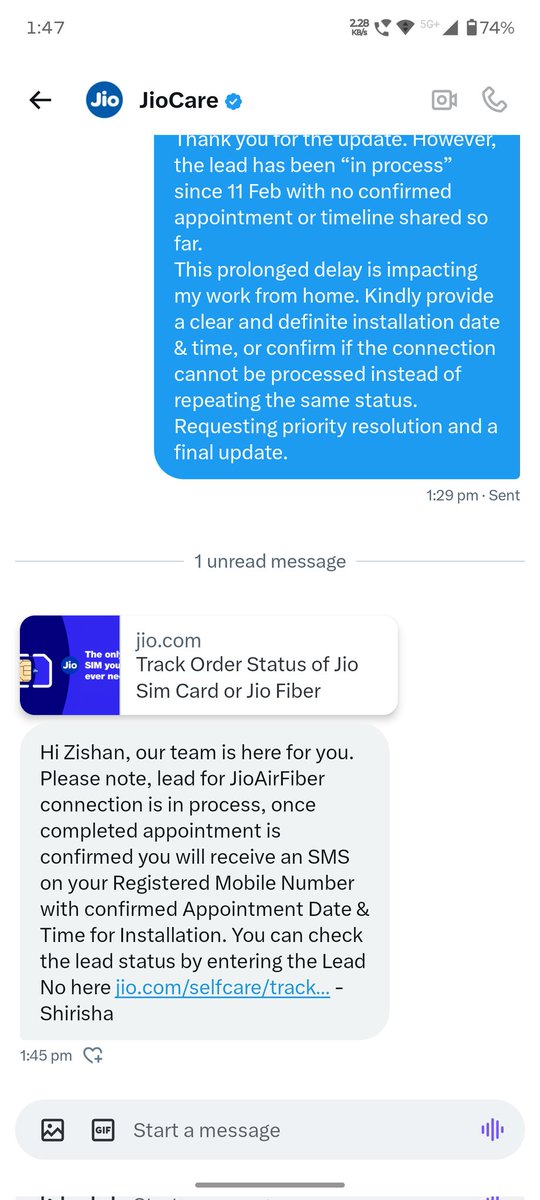 Arsemoazzam1's tweet photo. @JioCare @JioCare @reliancejio
This is the 3rd time I’m receiving the same generic response that the lead is “in process.I’ve been waiting since 11 Feb with no confirmed installation date or timeline, and this delay is impacting my work from home.Please share a confirmed appointment date. https://t.co/nukQBvuVZF