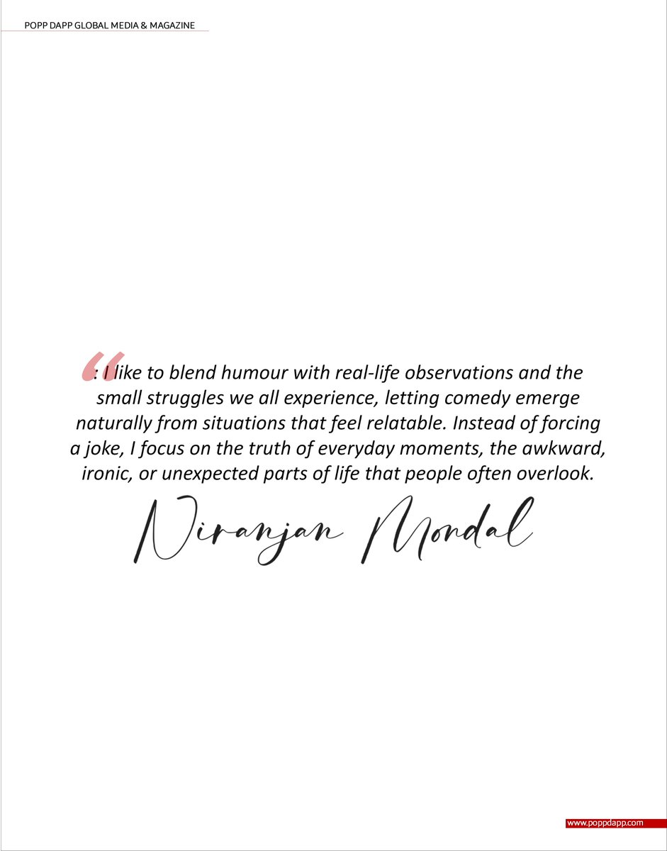 DappPopp's tweet image. NIRANJAN MONDAL – WHERE LAUGHTER LEARNS TO SPEAK 
@laughtersane 
POPP DAPP VOL VII ISSUE II JAN-FEB 2026 | BRAND STORY | DIGITAL ISSUE
poppdapp.com/popp-dapp/f/ni…
#poppdapp #digitalissue #fashionmagazine #NiranjanMondal #IndianCreators #DigitalComedyIndia #RelatableHumour