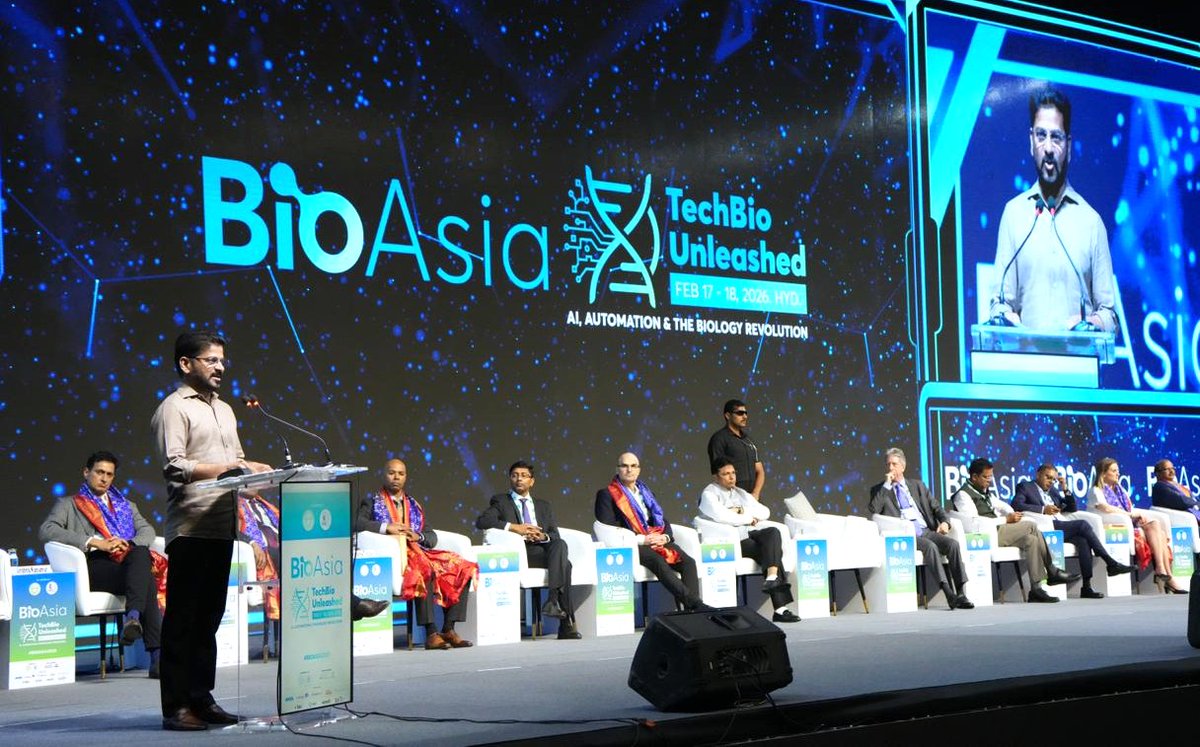 TelanganaCMO's tweet photo. Positioning Telangana at the forefront of the global life sciences revolution, the 23rd edition of #BioAsia2026 commenced on a grand and visionary note in Hyderabad.

▪️Inaugurating the summit, Hon’ble Chief Minister of Telangana, @revanth_anumula, outlined the State’s ambition to transform #Hyderabad from the “Vaccine Capital of the World” into the “Global Life Sciences Capital.” 

▪️He invited global life sciences leaders to partner in building an integrated, innovation-driven ecosystem spanning bulk drugs to biologics, manufacturing to discovery, and India to global markets.

▪️Held under the theme “#TechBio Unleashed: AI, Automation & the Biology Revolution,” BioAsia 2026 brought together leading scientists, industry leaders, policymakers, investors, and innovators from across the globe, reinforcing its stature as a premier platform shaping the future of pharmaceuticals, biotechnology, vaccines, biosciences, and healthcare.

▪️Launching the summit alongside IT & Industries Minister Shri @OffDSB, the Chief Minister reaffirmed Telangana’s commitment to investment, innovation, and enterprise. 

▪️He emphasized that the State competes with leading global life sciences hubs and is positioning Hyderabad as a comprehensive centre for research excellence, design innovation, and next-generation healthcare solutions.

▪️He noted that #BioAsia stands as proof of Hyderabad’s emergence as a leading #lifesciences hub and expressed confidence that the summit would soon attain global recognition on par with the @wef in Davos.

▪️Highlighting policy stability, regulatory clarity, and a future-ready ecosystem, he invited global stakeholders to invest, establish Global Capability Centres (#GCCs), build innovation hubs, and scale AI-driven manufacturing and clinical analytics platforms in Telangana.

▪️Over the past two years, the State has attracted investments exceeding ₹73,000 crore in the life sciences sector. At Davos, #Telangana unveiled its new Life Sciences Policy, expanded Genome Valley, and launched “One Bio” to accelerate integrated, world-class research and innovation.

▪️BioAsia 2026 witnessed participation from over 500 global companies and more than 4,000 delegates. On the occasion, the Chief Minister presented the Genome Valley Excellence Award 2026 to Prof. Bruce L. Levine in recognition of his distinguished contributions to medical science.
@BioAsiaOfficial 
#23rdBioAsia2026 #BioAsiaSummit #TelanganaRising2047