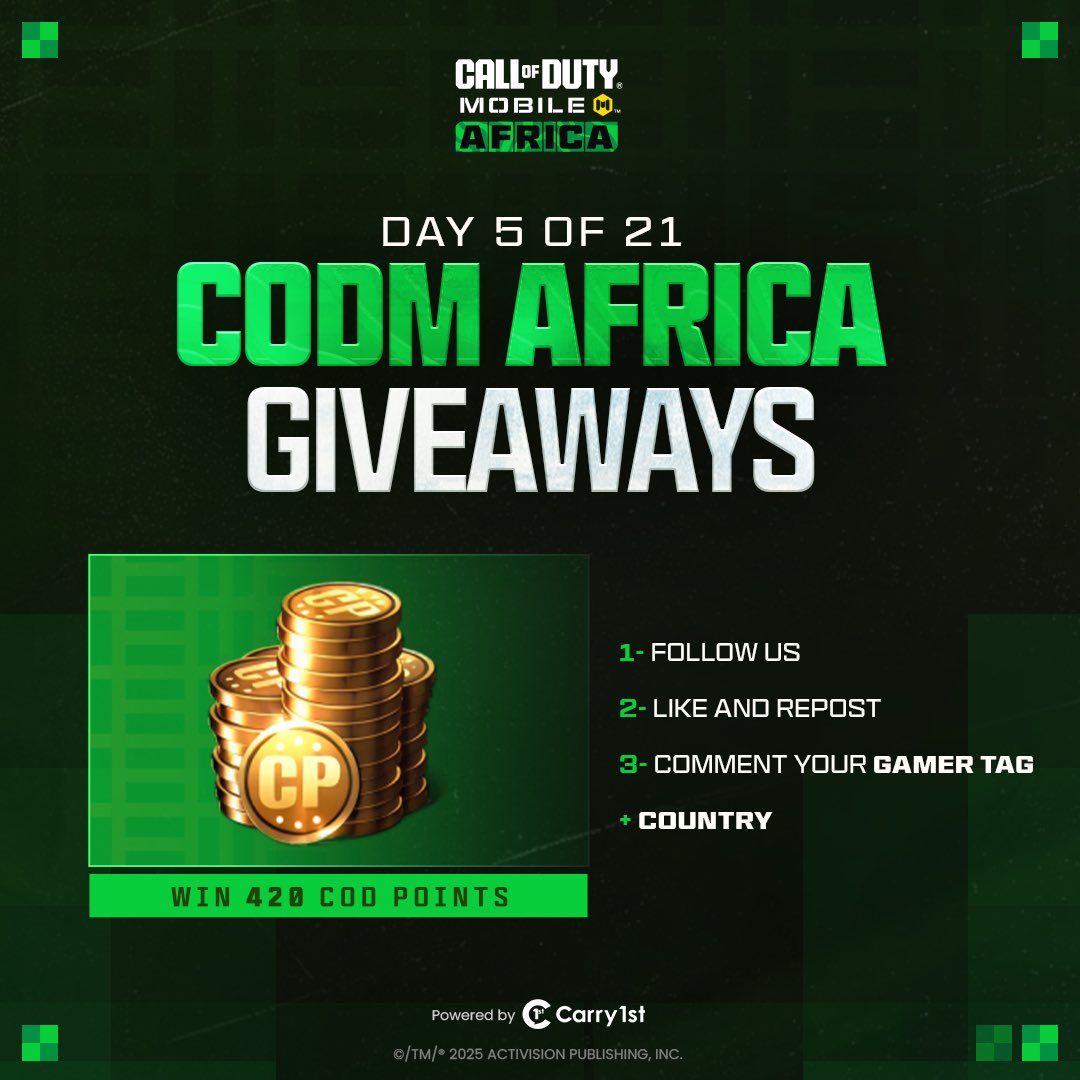 Day 5 of 21 Days of Epic Wins🔥

Back again with another chance.
420 COD Points are up for grabs today.

Enter by:
Following the account
Liking and sharing this post
Commenting your country flag + Gamer Tag

Let's get it🌍🎮
#CoDMobile #codmafrica