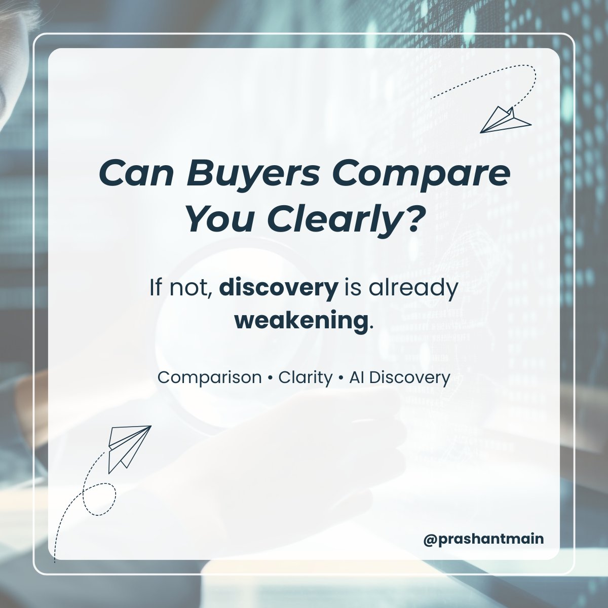 prashant_main's tweet photo. Final thought on comparison &amp; discovery!
If buyers can’t compare your product clearly using only your website, AI won’t summarise you accurately either.
Read more: https://t.co/s6ESI0N52S

#B2BMarketing #SEO #AIDiscovery #MarketingLeadership https://t.co/tUvHXZHMe4