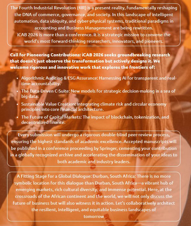 UJAccountancy's tweet photo. iCAB 2026 - International Conference of Accounting & Business (iCAB) 

Join us as we explore the forefront of financial innovation and cultivate a vibrant community dedicated to shaping the future of accounting and business on a global scale.

For more info visit: https://t.co/e2h7RVDnG4

#UJ #SOA #iCAB2026