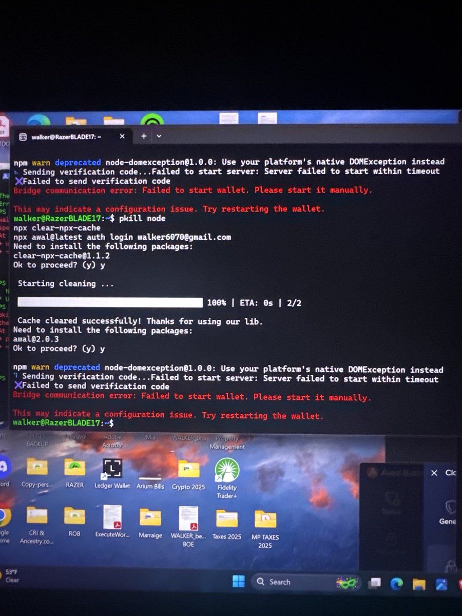 reginald_walker's tweet photo. @CoinbaseDev

Is there a CLI timeout bug being worked out by chance?

npx awal@latest auth login / status fails with "Server failed to start within timeout" + "Bridge communication error" in WSL Ubuntu 2 (Node v20.20.0). No EINVAL, but timeout on internal server/bridge startup. Windows native has EINVAL. Tried firewall off, cache clear, pkill node, IP allowlist. Bug in CLI? See screenshot. #AgenticWallets