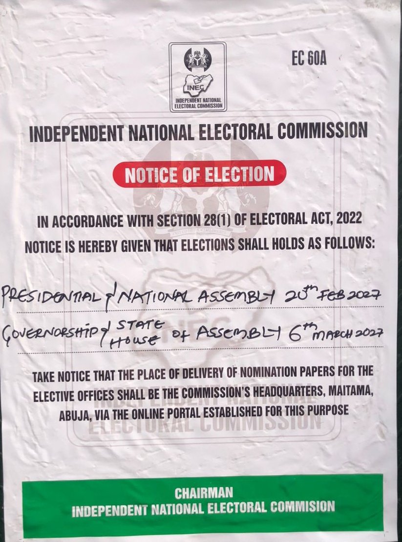 ineclagos's tweet photo. 🗳️ NOTICE OF ELECTION – 2027 GENERAL ELECTIONS

The Independent National Electoral Commission (INEC), in accordance with Section 28(1) of the Electoral Act, 2022, hereby announces the dates for the 2027 General Elections:

📌 Presidential & National Assembly Elections
🗓️ 20th February 2027

📌 Governorship & State House of Assembly Elections
🗓️ 6th March 2027

The delivery of nomination papers for elective offices shall be made at the Commission’s Headquarters, Maitama, Abuja, through the designated online portal.

Stay informed. Stay prepared. 🇳🇬

#INEC #2027Elections #nigeriadecides2027 #nigeriavotes