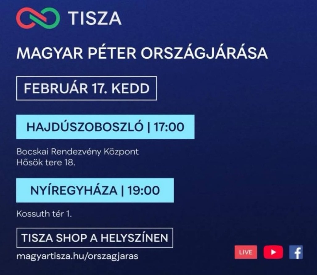Ma 17 órakor Hajdúszoboszlón folytatjuk tábornok úrral, 19 órakor pedig Gajdos Lászlóval várunk titeket Nyíregyházán.
Árad a TISZA országszerte. Gyere el te is, hozz el minél több ismerőst! Legyen ez az országjárás a rendszerváltás ünnepe!
54 nap és együtt megyünk át a győzelem