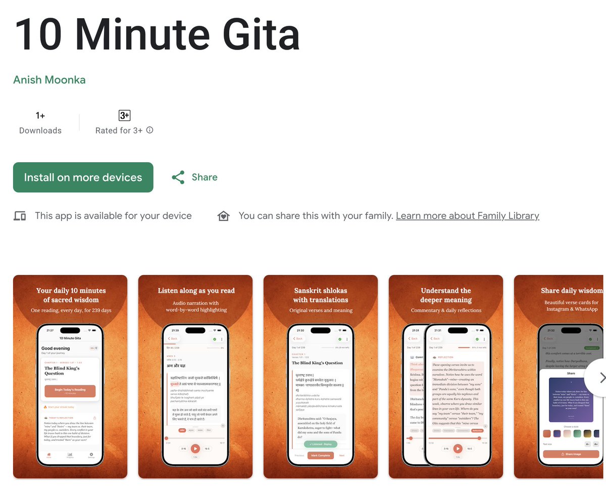 10 Minute Gita is now live on Android 🚀

After weeks on iOS, we're opening the Android app for beta testing (minimum 14 days). Only 1,000 spots available.

Enroll here: tenminutegita.com/android.html (3 steps)

Here's what's in the app:
- 239 daily readings through the entire Bhagavad
