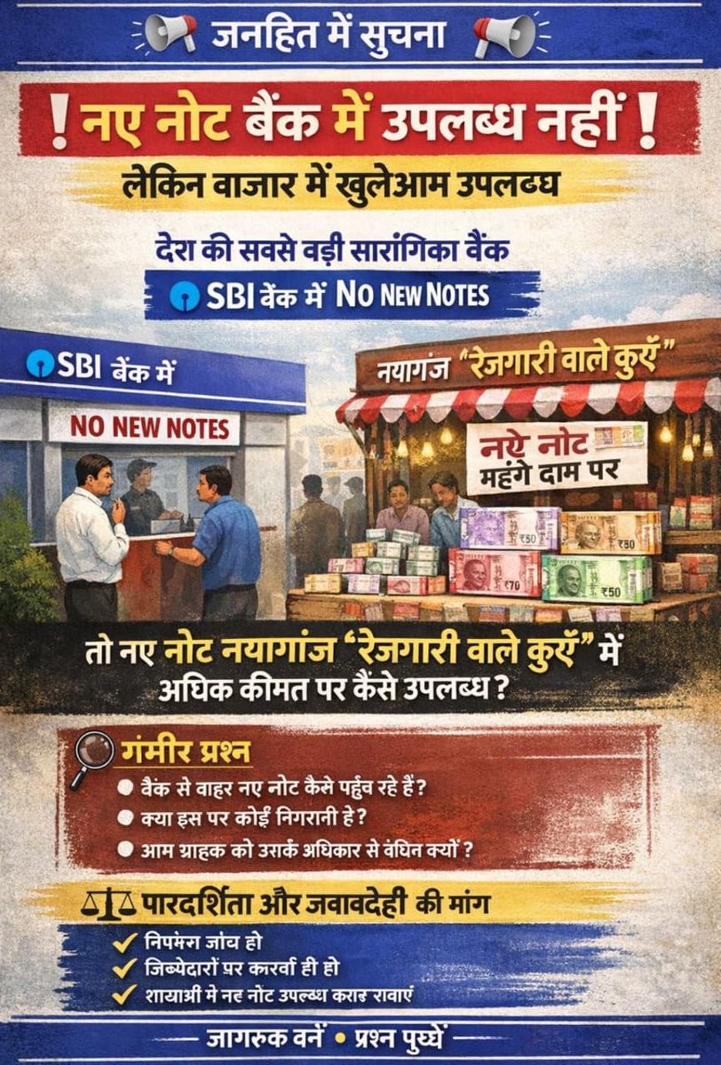 देश की सबसे बड़ी सार्वजनिक बैंक State Bank of India की नई शाखाओं में जब ग्राहकों को नए नोट उपलब्ध नहीं कराए जा रहे, तो वही नए नोट बाज़ार में अधिक कीमत पर खुलेआम कैसे बिक रहे हैं?
यह अत्यंत गंभीर विषय है। यदि बैंक में उपलब्धता नहीं है, तो ये नए नोट बाजार में किन माध्यमों से पहुँच
