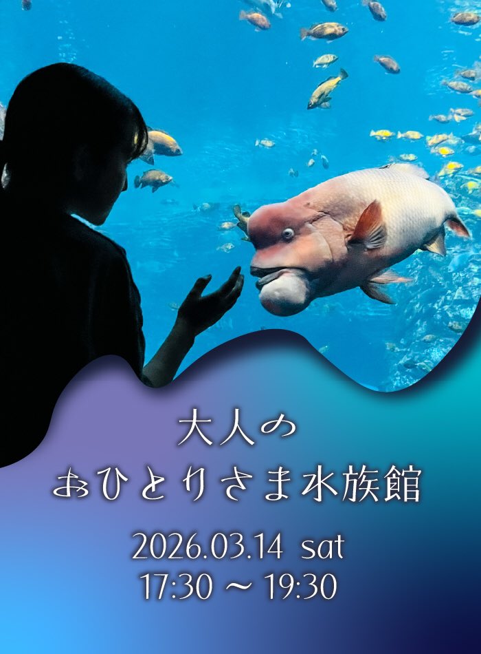 _umigatari_'s tweet photo. 3/14（土）17:30〜19:30
『大人のおひとりさま水族館』開催‼️🌙

おしゃべり🆖🙅‍♀️
大人限定・静かに水槽に向き合うナイトイベントです🌃 当日は三脚使用可！撮影を楽しむこともできます📷

7つのマナーを守ってお楽しみください✨▶︎https://t.co/npbdj1QTc9

#うみがたり
#大人のおひとりさま水族館 https://t.co/LEpvFbN75R