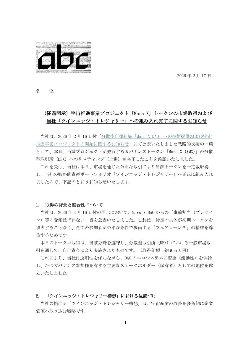 abc_trillion's tweet photo. ãabcïŒMars X ããŒã¯ã³åžå ŽååŸå®äºïœãã€ã³ãšããžã»ãã¬ãžã£ãªãŒæŠç¥ã®æ¬æ Œå§åã
åœç€Ÿã¯ãWeb3å®å®æšé²äºæ¥ãããžã§ã¯ããMars Xãã®ã¬ããã³ã¹ããŒã¯ã³ãMars X ($MARSX)ãã忣åååŒæã§ã®å
¬æ£ãªåžå ŽååŒã«ããçŽ9çŸäžåã§ååŸããæŠç¥çè³ç£ããŒããã©ãªãªããã€ã³ãšããžã»ãã¬ãžã£ãªãŒããžã®çµã¿å
¥ããå®äºããããšãçºè¡šããŸããã
ãðæ³šç®ãã€ã³ãã
â
Mars X ($MARSX)ããŒã¯ã³ãçŽ9çŸäžåã§åžå ŽååŸããã€ã³ãšããžã»ãã¬ãžã£ãªãŒã«çµã¿å
¥ãå®äº
â
ãã§ã¢ããŒã³ã粟ç¥ãéµå®ããäºåå²åœã§ã¯ãªãå
¬æ£ãªåžå ŽååŒã§ååŸ
â
ãªã¢ã«è³ç£ïŒSpaceXæ ªåŒïŒÃããžã¿ã«è³ç£ïŒMars XããŒã¯ã³ïŒã®æŠç¥çããŒããã©ãªãªæ§ç¯
â
Mars X DAOã«ãããã¬ããã³ã¹åå æš©ãç²åŸãäž»èŠã¹ããŒã¯ãã«ããŒãšããŠã®å°äœç¢ºç«
â
ãšã³ã·ã¹ãã ãžã®æµåæ§äŸçµŠã«ãããå®å®Web3ã³ãã¥ããã£ã®å®å®åã«è²¢ç®
â
ã倿§æ§ãé貚ã«ãããç念ã«åºã¥ãæ°ãã䟡å€äº€æã·ã¹ãã ã®å®çŸãžåé²
ãå
¬å¹³ãªåç»ïŒDAOã¬ããã³ã¹ãžã®ç¬¬äžæ©ã
忣åèªåŸçµç¹ãMars X DAOãã®ã¬ããã³ã¹ããŒã¯ã³ïŒ$MARSXïŒãåžå ŽååŸããããŸããã
äºåå²åœãåããªãããã§ã¢ããŒã³ããã®ç²Ÿç¥ãéµå®ããäžè¬åžå Žãéããéææ§ã®é«ãææ³ã§åç»ãäž»èŠã¹ããŒã¯ãã«ããŒãšããŠãããžã§ã¯ãã®æææ±ºå®ã«é¢äžãããšã³ã·ã¹ãã ã®å®å®æé·ã«è²¢ç®ããŸãã
ãæŠç¥ã®æ žïŒãã€ã³ãšããžã»ãã¬ãžã£ãªãŒæ§æ³ã
æ¬ä»¶ã¯ãå®å®ç£æ¥ã®æé·ãå€è§çã«åãèŸŒãæŠç¥çæè³ã§ãã
ãªã¢ã«è³ç£ïŒ SpaceXç€Ÿæ ªåŒïŒååŸæžã¿ïŒ
ããžã¿ã«è³ç£ïŒ Mars XããŒã¯ã³ïŒä»åååŸïŒ
å®äœçµæžãšããžã¿ã«çµæžã®äž¡è»žããã¢ãããŒãããå®å®éçºã®é²å±ãåœç€Ÿã®è³ç£äŸ¡å€åäžã«çŽçµãããç¬èªã®ããŒããã©ãªãªãæ§ç¯ããŸããã
ãä»åŸã®å±æïŒå®å®ÃWeb3ã®ã·ããžãŒåµåºã
DAOã«ãããè°æ±ºæš©ã掻çšããåœç€Ÿã®ç¥èŠããããžã§ã¯ãã®äŸ¡å€åµé ãžç¹ããŸãã
æµåæ§äŸçµŠã«ãããšã³ã·ã¹ãã æ¯æŽãç¶ç¶ãã€ã€ãèªç€ŸWeb3ãããžã§ã¯ããšã®çžä¹å¹æã暡玢ãã倿§æ§ãé貚ã«ãããããžã§ã³ã®ããšãæ³ä»€éµå®ãšãªã¹ã¯ç®¡çã培åºããéçšãè¡ããŸãã
IRæ
å ±ã®è©³çްã¯ãã¡ã
https://t.co/ouehcwINyo