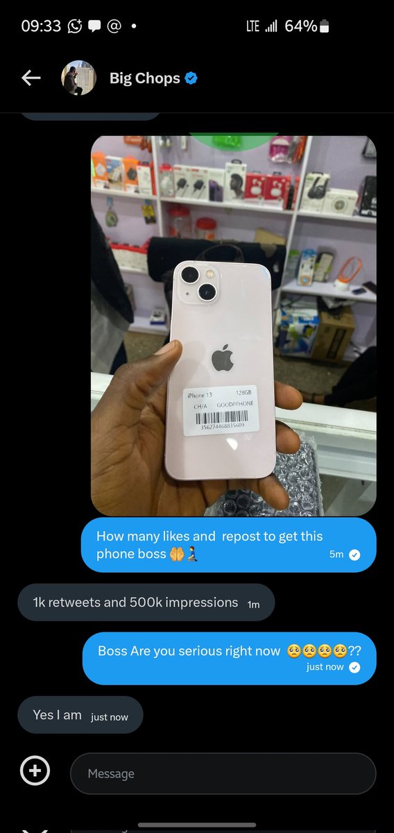 udodmeme_'s tweet photo. Loyal twitter fam can I please get 1k Rts &amp; 500k impressions on this post for me to get an iPhone 13 from my mentor @iamBigChops. I really need it 😫 https://t.co/ujzGZe7Oqt