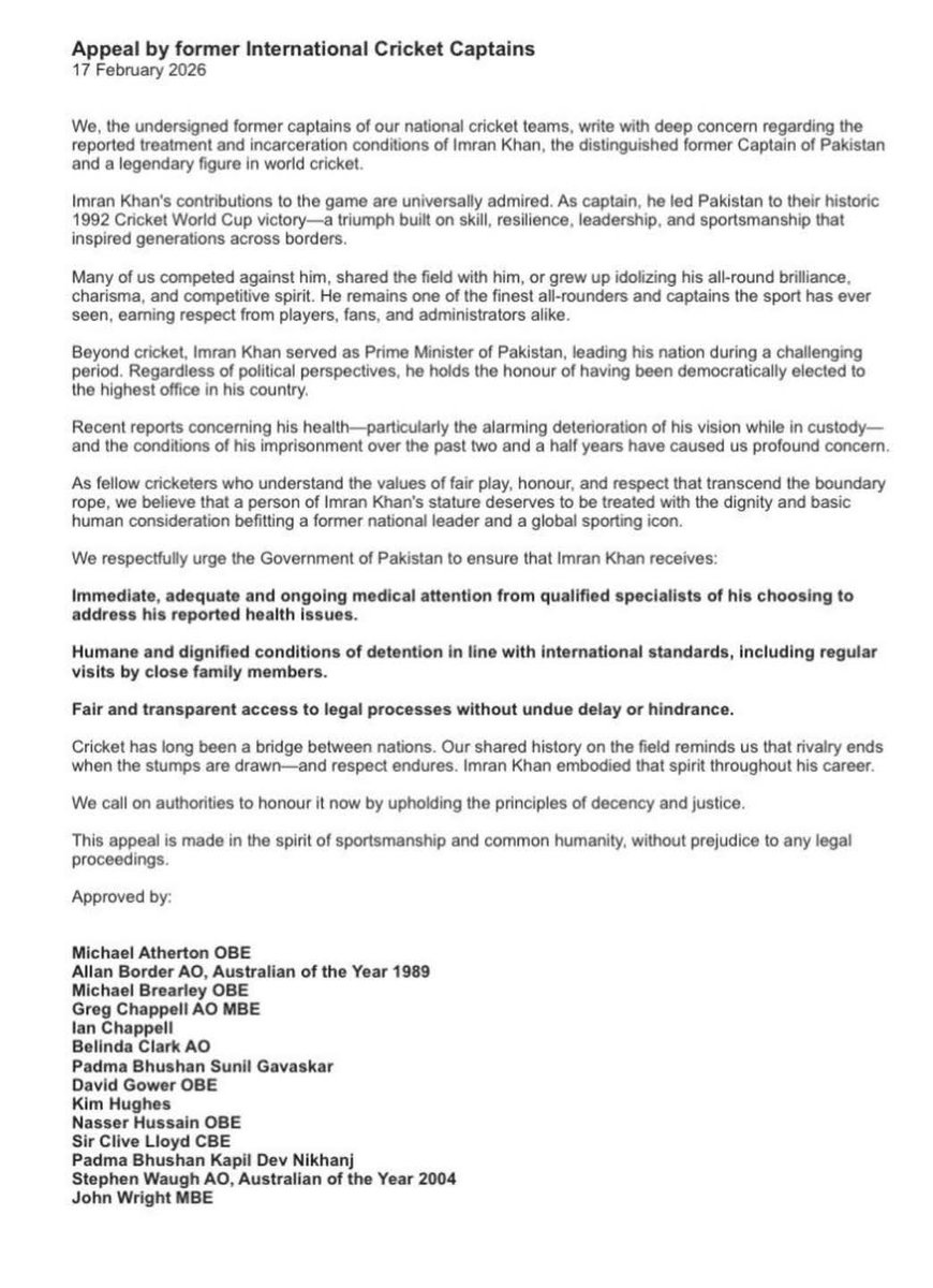 MDmudassir687's tweet photo. Breaking: 14 former international captains, including Greg Chappell, Sunil Gavaskar, and Kapil Dev, have formally requested the Pakistan govt to ensure he receives necessary medical treatment. https://t.co/a1lWnRHquv