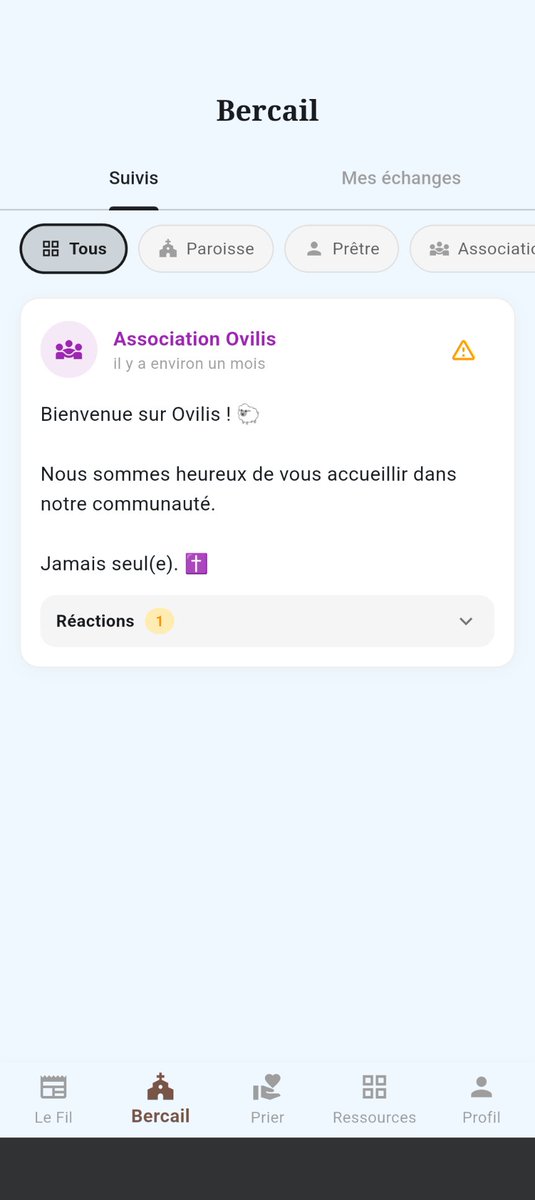Ovilis_App's tweet photo. @shoannanas @g374_0 Salut

On essaie de dev une app.

Profil et fil d'actualités privés.
Intention de prière et réaction 
Chapelet en commun 
Fil d'actualités des prêtres, paroisses, associations...

En test sur Android pour le moment. https://t.co/KECgcWAHZ4