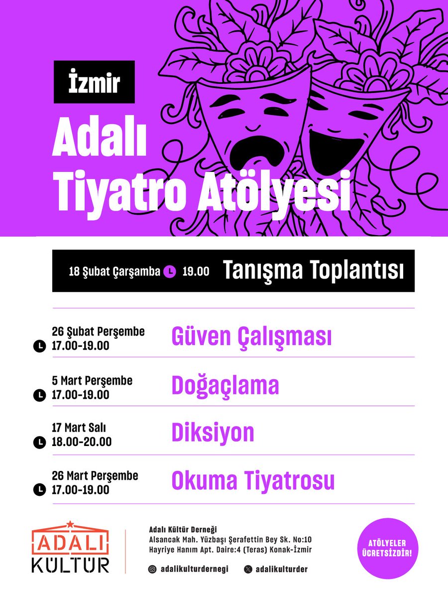İzmir Adalı Kültür atölye dizimize Tiyatro Atölyesi'yle devam ediyoruz. Etkinliğimiz herkesin katılımına açıktır. 

Linkteki formu doldurarak veya sosyal medya üzerinden bize ulaşabilirsiniz: 
forms.gle/kdQn81cxwS4knn…

Tanışma Toplantısı:
🗓️18 Şubat Çarşamba
🕖 19.00