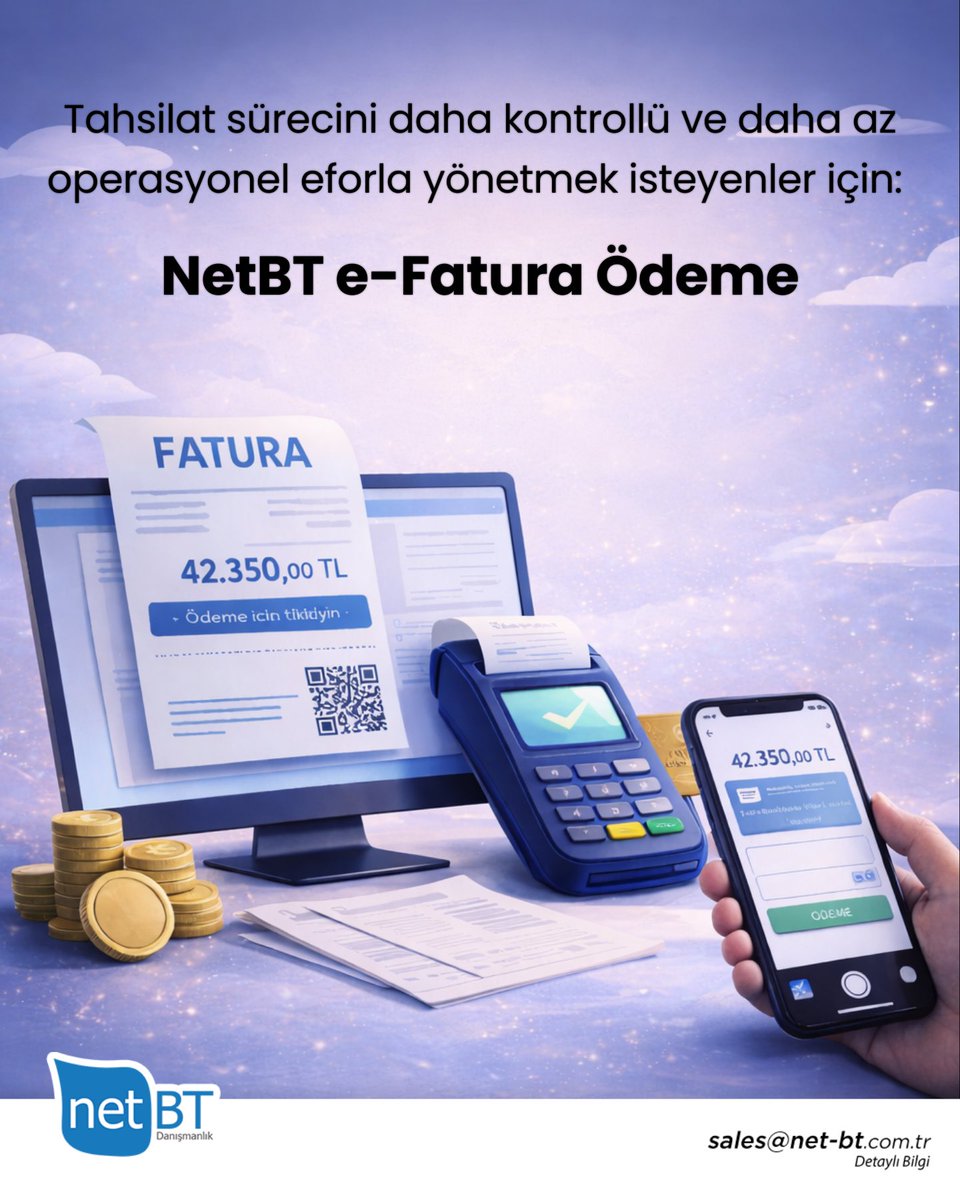 NetBT e-Fatura Ödeme çözümü ile e-Fatura ve e-Arşiv faturalarınızda tahsilat adımını dijital sürecin doğal bir parçası haline getirin.

net-bt.com.tr

#NetBT #eFaturaÖdeme #DijitalDönüşüm #TahsilatYönetimi