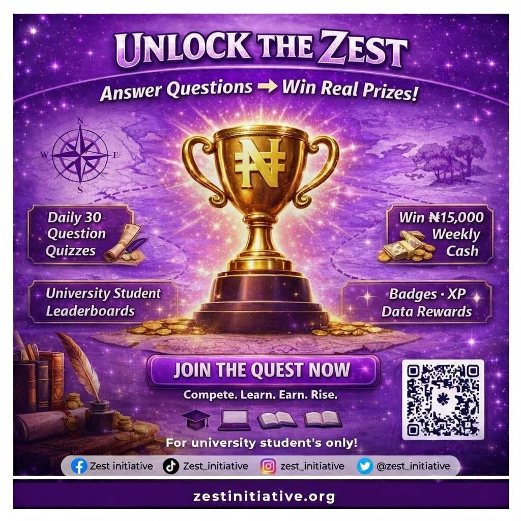 zest_initiative's tweet photo. "Imagine 30 fun questions/day → smash leaderboards → win up to ₦15,000 weekly CASH! 
Uni students only.

No more endless scrolling – turn your brain into bank! 
🚀 Sign up NOW: https://t.co/9Mx47nmduo  Follow for quiz drops &amp; winner alerts:@zest_initiative https://t.co/c3wuzzOkH1