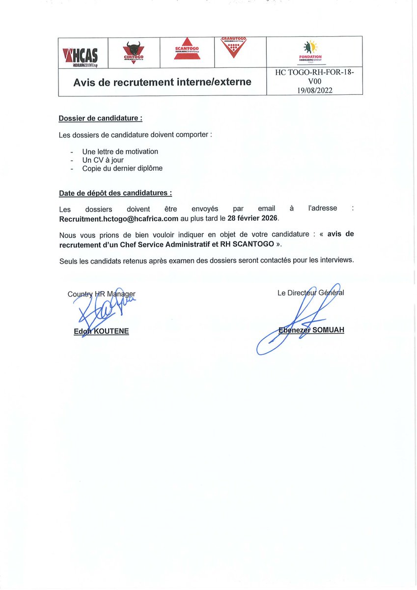 Avis de recrutement pour le poste de CHEF SERVICE ADMINISTRATIF ET RH

#Recrutement #Emploi #OffreEmploi #AssistantReporting #AssistantPlanification #Carrière
#CareerOpportunity #CIMTOGO #Togo #bénin #Burkina
