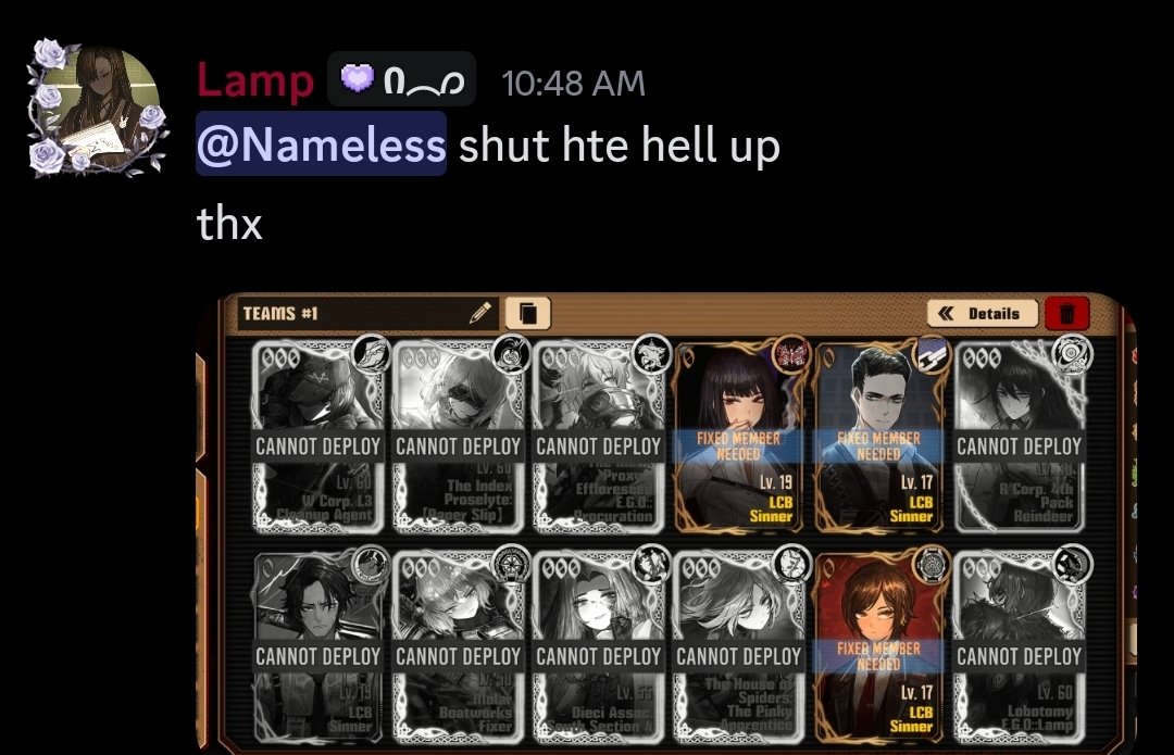 My friends were blitzing through limbus company and yhey got to canto 9 with no IDs for some of the dinners LOL