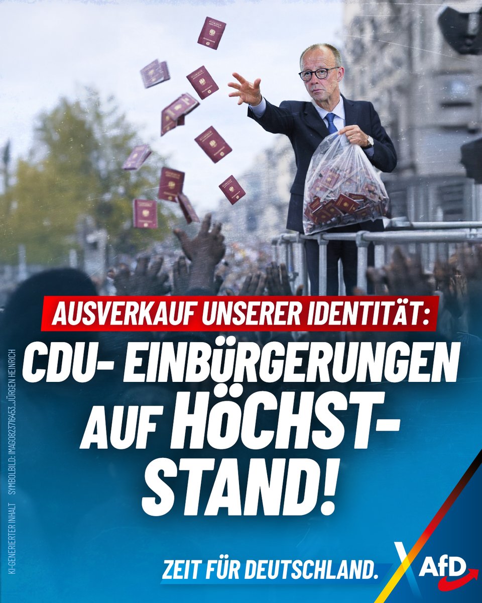 Rekord-Einbürgerungen in Berlin: 39.034 neue Pässe 2025 – doppelt so viele wie im Vorjahr, bundesweit fast 300.000 pro Jahr. Unter CDU-Führung wird die Staatsbürgerschaft zur Massenware. Wir fordern ein sofortiges Moratorium und strenge Kontrollen.