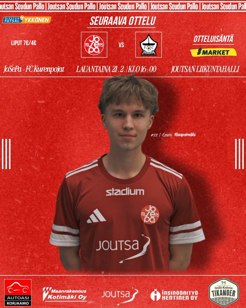 Pari kotipeliä vielä tälle kaudelle tarjolla ja niistä ensimmäinen pelataan ensi lauantaina. Vieraaksi Joutsaan saapuu FC Kurenpojat! 👊🏻🔴⚽

Otteluisäntänä 🤝 S-Market Joutsa - Oman kylän Ässä

Tervetuloa kannustamaan JoSePa voittoon, nähdään hallilla! 👏🏻👋🏻🤩

#futsalfi #joutsa