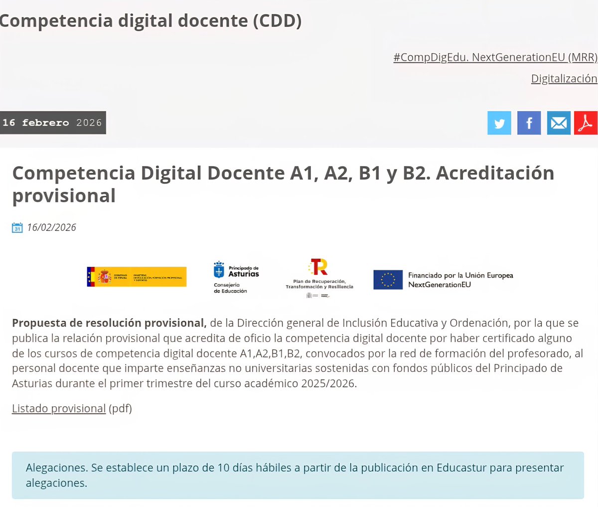 📣Publicada en <a href="/Educastur/">Consejería de Educación</a> la relación provisional que acredita de oficio la #CDD A1,A2,B1,B2
⚠️Alegaciones. Se establece un plazo de 10 días hábiles a partir de la publicación en Educastur para presentar alegaciones.
#formacionpermanentedelprofesorado
 educastur.es/-/2026-02-comp…