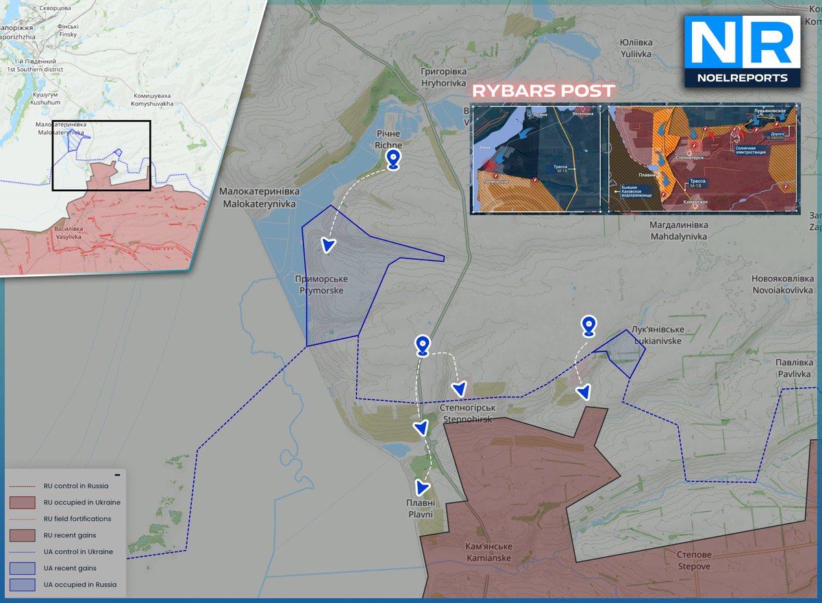 Ukrainian formations launched an attack near Stepnohirsk on the western flank of the Zaporizhzhia direction along a front about 20 km wide. It says Lukiianivske came under stable Ukrainian control and remaining Russian units in Prymorske were cut off after swift Ukrainian