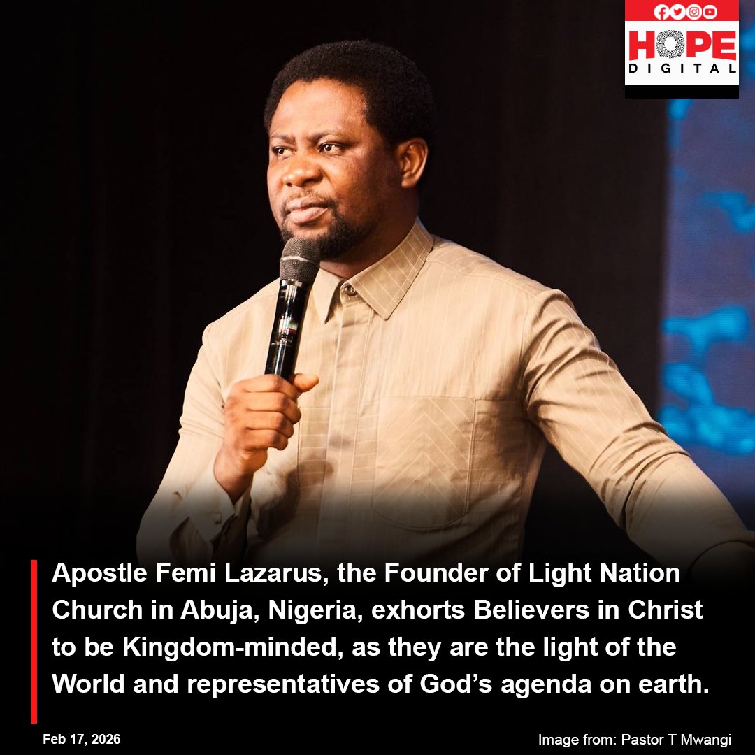 HopeTV_KE's tweet photo. Apostle Femi Lazarus, the Founder of Light Nation Church in Abuja, Nigeria, exhorts Believers in Christ to be Kingdom-minded, as they are the light of the World and representatives of God’s agenda on earth. https://t.co/QQFsMakY1S