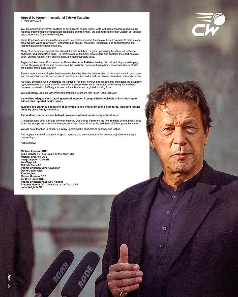 Former cricket captains appeal to the Government of Pakistan for better treatment of Imran Khan.

The former Pakistan World Cup-winning captain has been confined to prison, with no information available about his health or safety.