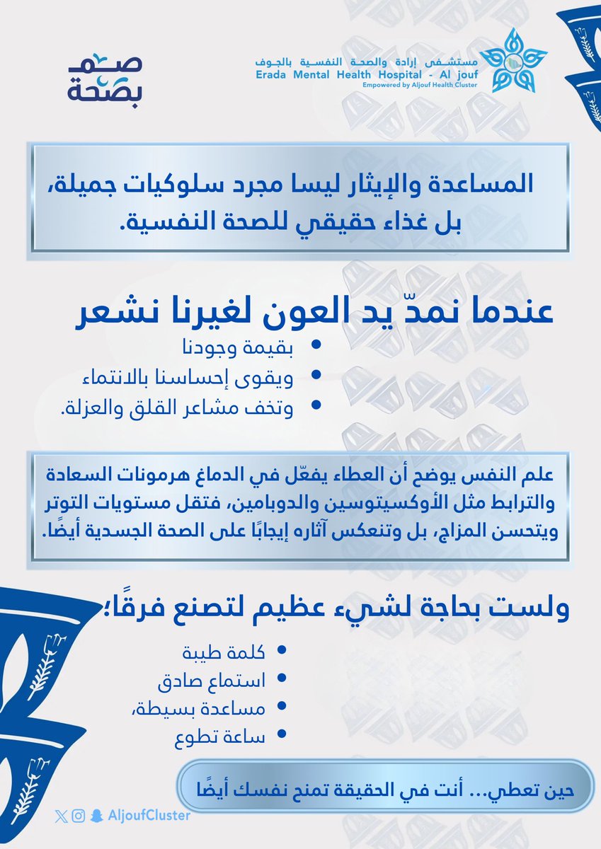 EradahAljouf's tweet photo. #توعية_صحية | 🩺

الإيثار والمساعدة ، أثر يبقى ، المساعدة لا تعني شيئًا كبيرًا دائماً ، قد تكون كلمة طيبة ، استماع باهتمام ، دعم بسيط ، أو وقوفاً بجانب شخص يمر بظرف صعب

#تجمع_الجوف_الصحي
#جوفنا_صحي https://t.co/bBWKetT1OX