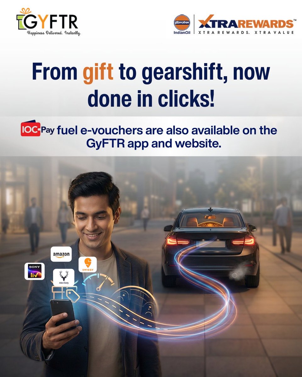 Fuel planning just got more flexible.
IOC Pay fuel e-vouchers are now available on the <a href="/GyftrIndia/">GyFTR</a> app and web, making it easier to stay prepared, wherever you are.

Convenience that keeps you moving.

#IOCpay #GyFTR #XTRAREWARDS #IndianOil