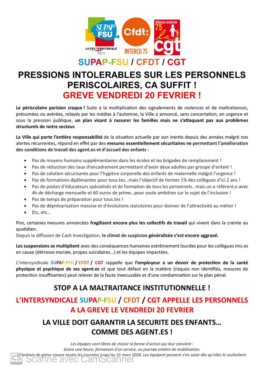supapfsuanim's tweet photo. Nouvel Grève 
Le périscolaire est à bout de souffle.
Il est en vagir.
Les paroles, des promesses, des ambitions : aucun moyen ni humain ni matériel  pour atteindre l’objectif principal : un accueil sécurisant et digne pour tous les enfants.

#Periscolaire #Paris #Municipales2026 https://t.co/Ej2KZlADQz