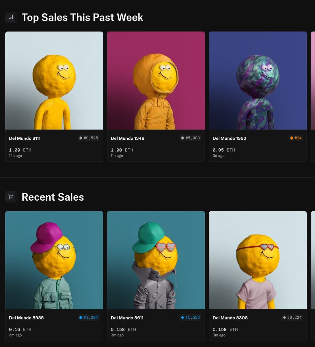 ElrondRanking's tweet image. Del Mundos, probably nothing.
@D3lMundos

🟡+373 $ETH volume
🟡ATH 1 #ETH
🟡FP 0.165
🟡6.8% listed

Only 85 NFTs listed below 0.2 🔜

When people unite, positivity scales.
The yellow diamond 💎