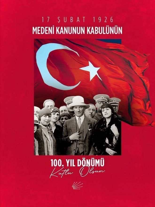 Cumhuriyetin en büyük kazanımlarından, kadın ve erkeği hukuk önünde eşit yurttaş yapan Türk Medeni Kanunu’nun kabulünün 100. yıl dönümünü kutluyor, Ulu Önderimiz Gazi Mustafa Kemal Atatürk’ü saygı ve minnetle anıyoruz.