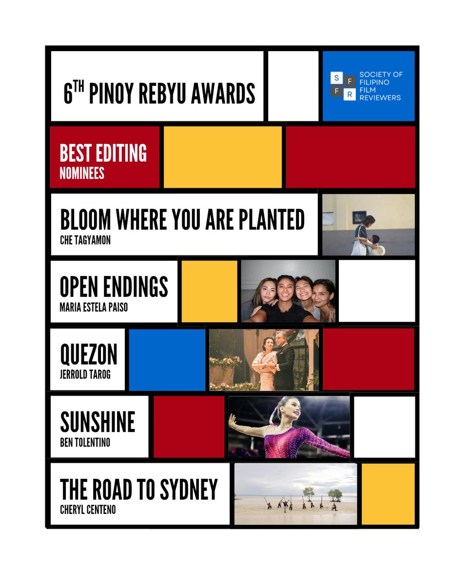 The nominees for BEST EDITING are:

Bloom Where You Are Planted (Che Tagyamon)
Open Endings (Maria Estela Paiso)
Quezon (Jerrold Tarog)
Sunshine (Ben Tolentino)
The Road to Sydney (Cheryl Centeno)