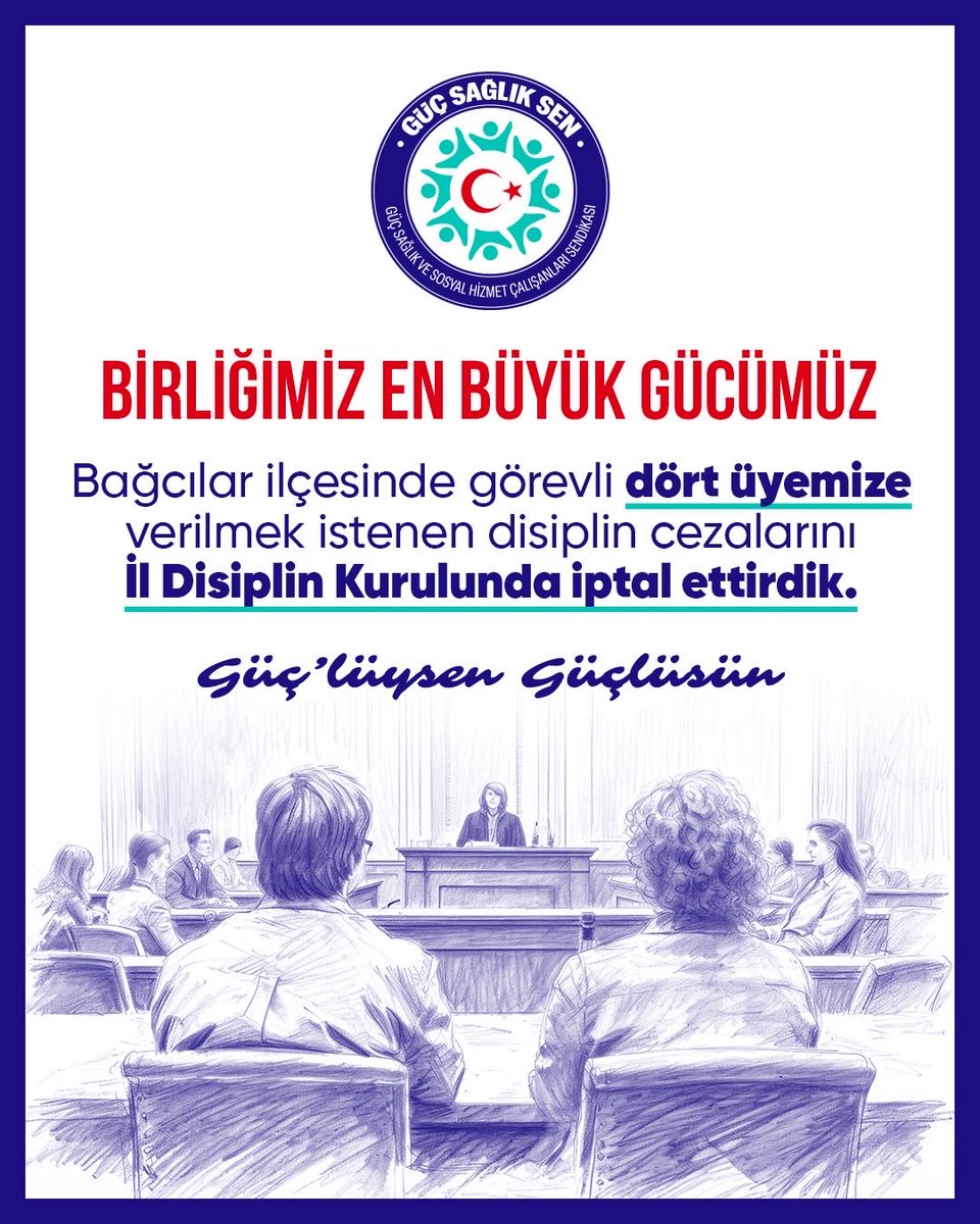 Baskı ve mobbing yaşarlarken, önlemekle yükümlü idare tarafından da usulsüz şekilde cezalandırılmak istenen dört üyemizin disiplin cezalarını, İl Disiplin Kurulunda iptal ettirdik
GÜÇ’lüysen güçlüsün💪
En Büyük Gücümüz Birliğimiz.