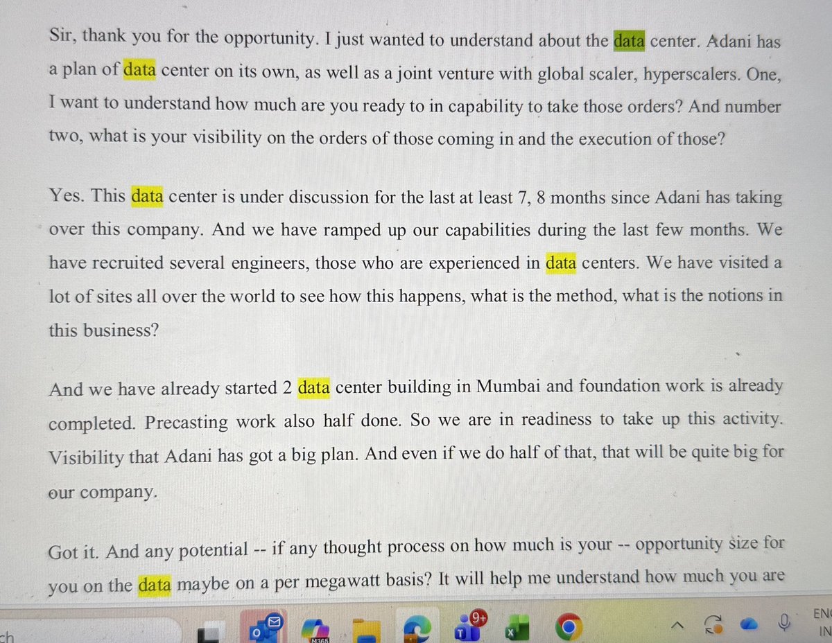 ashish_munjal's tweet photo. #CEMIndia. #CemIndia #ITDCementation
here comes big announcement by Adani group on investing in DC .. Already they are doing multiple projects with Google group …
Read Concall of CEMIndia per snipped attached :-
- ramped up our capabilities for DC
- visited lots of sites across globe for DC
- started working on 2 DC ( Mumbai)
- Visibility that Adani has got big plan
- If we do half of that, it will be quite big for our company.
- Each year we can do 500 MW roughly with present capacity .
500 MW is approx 25000 cr Revenue on civics and MEP side ( refer below tweet) & this company do 10000 revenue as of now ! If they do annually 200 MW, that is huge for this company !
This is my perfect bet for playing DC theme !