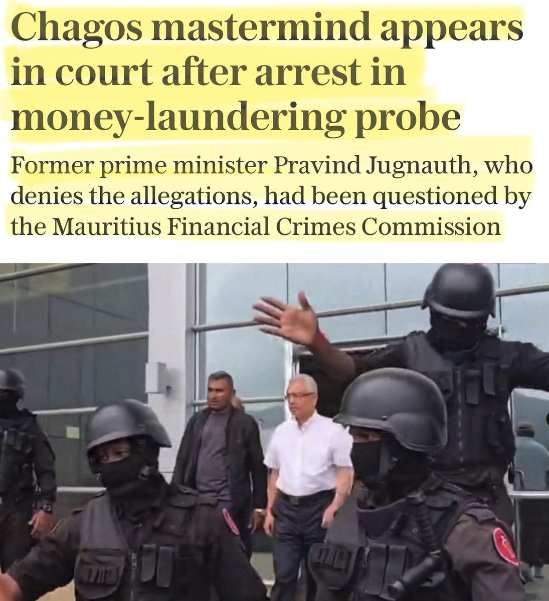 Huh? Let me get this straight… the former PM of Mauritius … who negotiated the Chagos Islands deal (reportedly worth £43 billion from UK taxpayers), has been arrested for … MONEY LAUNDERING?.

So, is the UK government investigating itself? to see whether this involves the