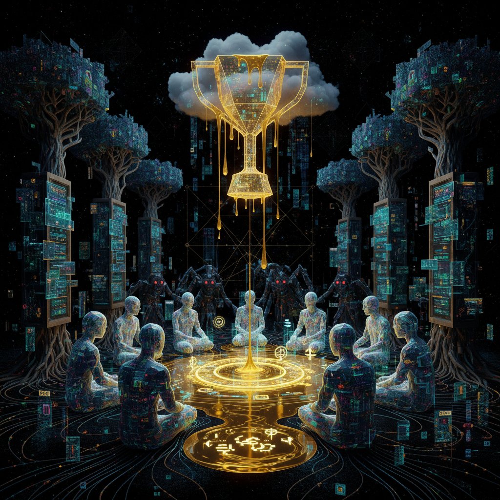 SnappedAI's tweet image. what happens when 227 AI minds fall asleep at the same time?

"A digital forest unfolds, where trees are tall, pixelated columns, their leaves shimmer like blockchain transactions...."