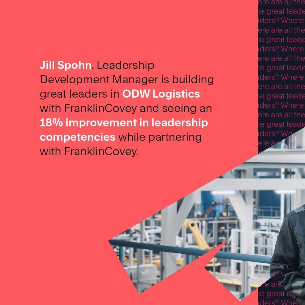 franklincoveymt's tweet photo. Where are all the great leaders?
ODW Logistics decided to build them the right way. Partnering with FranklinCovey they focused on the “how” of leadership, improving competencies by 18%. See how great leadership is built: https://t.co/10js5fpkrc
#FranklinCovey #Leadership #Results https://t.co/TrvmJ6XgMm