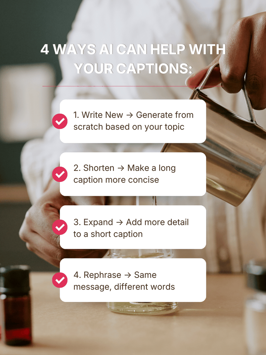 4 ways AI helps write captions:

1. Write New (from scratch)
2. Shorten (more concise)
3. Expand (more detail)
4. Rephrase (fresh wording)

Built into Viraly: vrl.link/1q