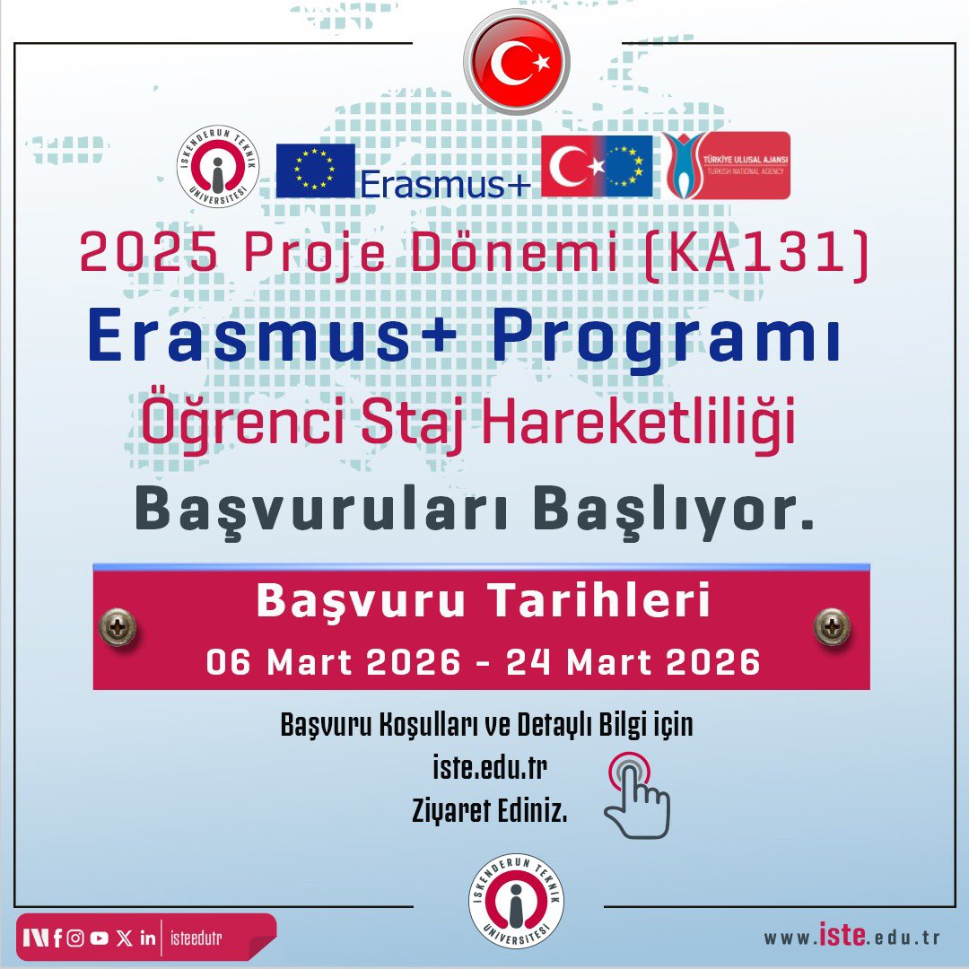 isteEduTr's tweet photo. Erasmus+ Programı 2025 Dönemi KA131 Projesi Öğrenci Staj Hareketliliği İlanı 

Detaylı bilgi için; https://t.co/WRArRWTSFa adresini ziyaret ediniz. https://t.co/yrBzhqc152
