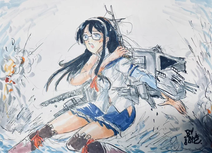ピンチの大淀さん描きました。 手もとの資料に牛丼を持つ姿があるけど、できれば大淀さんには肉じゃがの鍋を持っていただきたいなぁ(単純脳)。