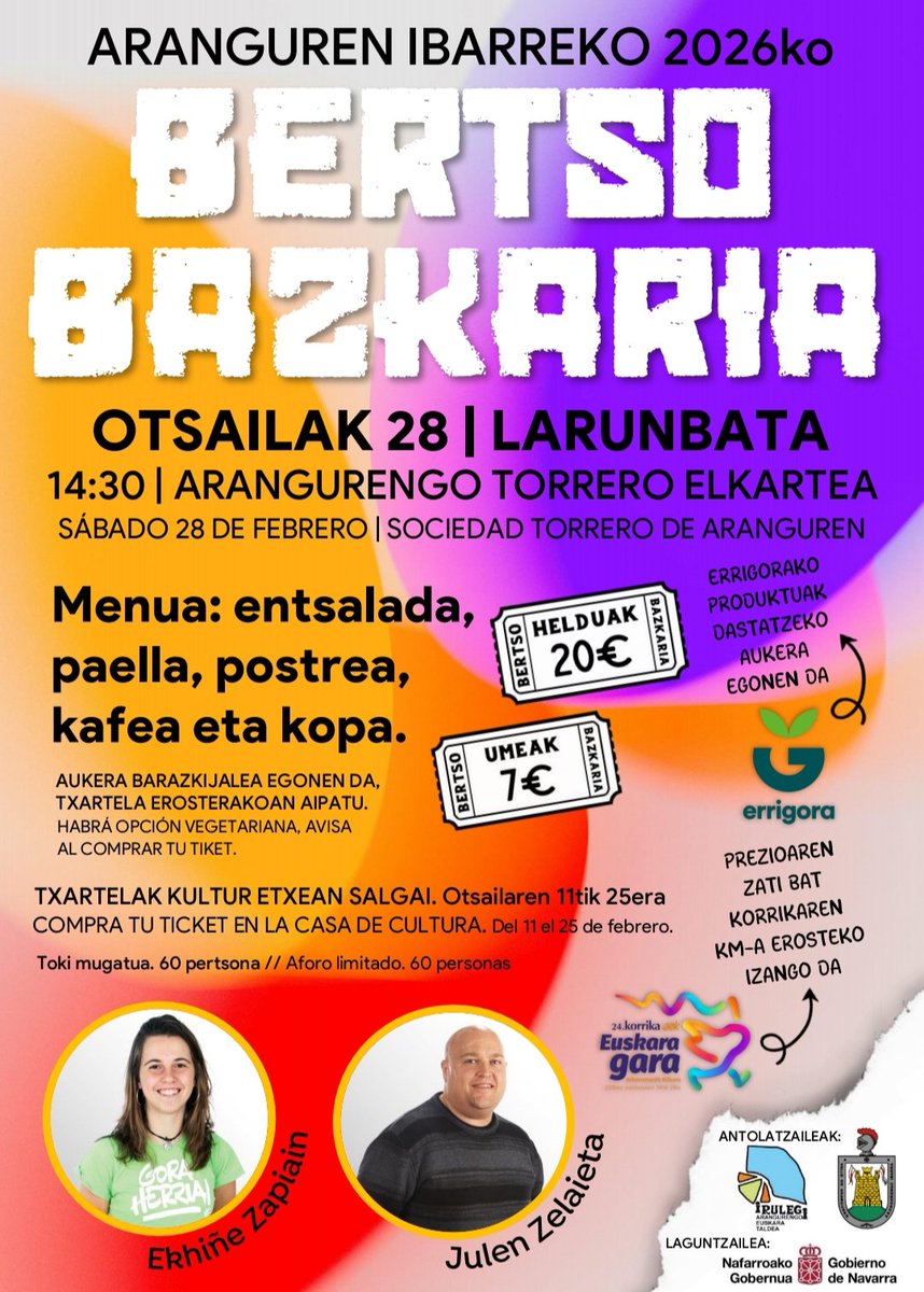 Hemen da Aranguren Ibarreko bertso bazkaria 2006!!

🗣️ Ekhiñe Zapiain
🗣️ Julen Zelaieta

🗓️ Otsailak 28
🕜14:30
📍Arangureneko Torrero Elkartea

#BertsoBazkaria
#ArangurenIbarra
#EuskarazBizi